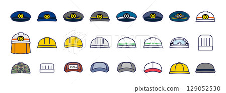 一組用於不同職業和用途的各種帽子圖示的插圖 一組用於不同職業和用途的各種帽子圖示的插圖 129052530
