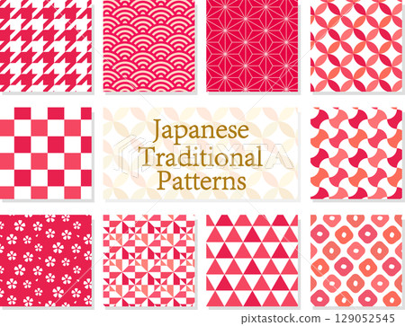 Seamless Japanese Pattern Set in Red (Seigaiha, Asanoha, Checkered, Shippo, etc.) 129052545