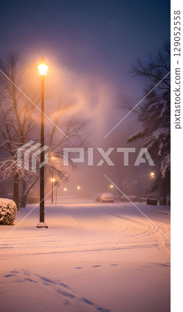 A snowstorm illuminated by streetlights A snowstorm illuminated by streetlights 129052558