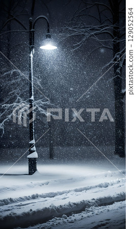A snowstorm illuminated by streetlights 129052564