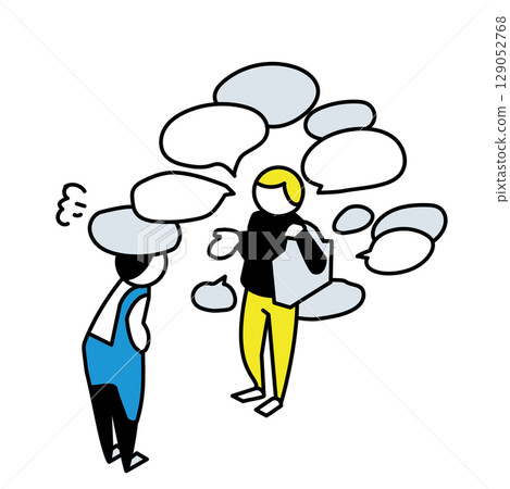 Illustration of a store clerk responding to a person who talks a lot 129052768