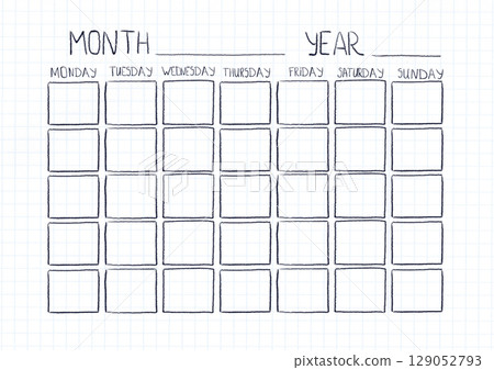Blank monthly planner on a sheet of squared notebook, printable template. Watercolor illustration hand drawn, cartoon. School, schedule, lessons, activities, planning 129052793