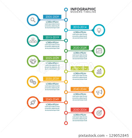 Timeline chart infographic with line icons. 129052845