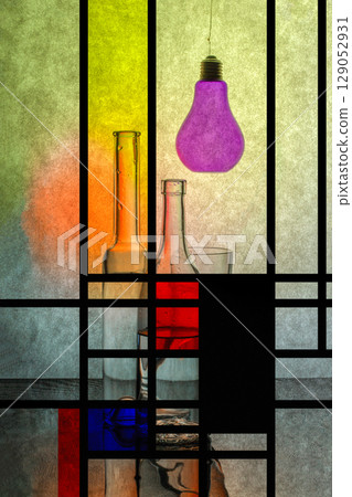 Still life with dishes, light bulb and abstract figures Still life with dishes, light bulb and abstract figures 129052931