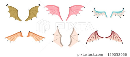 Cartoon colorful dragon or bat wings. Webbed parts of mythical animals. Carnival masquerade costume. Gargoyle attribute. Pterodactyl reptile. Fairytale creatures elements vector set Cartoon colorful dragon or bat wings. Webbed parts of mythical animals. Carnival masquerade costume. Gargoyle attribute. Pterodactyl reptile. Fairytale creatures elements vector set 129052966