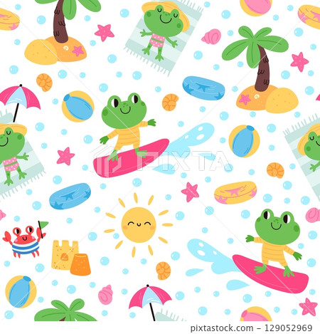 Cartoon frogs relaxing. Summer vacation seamless pattern. Animal sunbathing on beach and riding surfboard. Repeated print. Happy froglet resting at seashore resort. Vector background 129052969