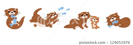 Cartoon funny otters swimming. Cute fishing and sleeping. Happy creature relaxing. Water mammal with cub. Aquatic rodents hunting and catching fish. Vector weasel characters poses set Cartoon funny otters swimming. Cute fishing and sleeping. Happy creature relaxing. Water mammal with cub. Aquatic rodents hunting and catching fish. Vector weasel characters poses set 129052976