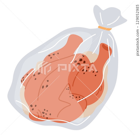 Chicken with spices and marinade in plastic bag for baking in oven. Meat preparation. Raw broiler in pack. Dinner cooking. Poultry preparing in stove. Uncooked bird. Vector food product 129052985