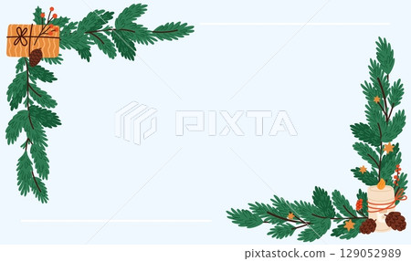 Christmas banner with Christmas tree garlands corner. Conifer branches. Holiday candles and stars. New year botanical decoration. Coniferous wreath empty frame. Greeting card vector design Christmas banner with Christmas tree garlands corner. Conifer branches. Holiday candles and stars. New year botanical decoration. Coniferous wreath empty frame. Greeting card vector design 129052989