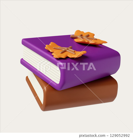 3D Halloween cute book icon with leaves. 3D render illustration 129052992