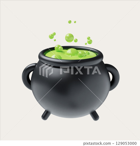 3D Halloween cute icon of a bubbling cauldron with green potion. 3D render illustration 129053000