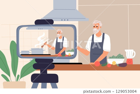 Elderly man in apron prepares food in kitchen and records cook process on camera. Video blog filming. Senior male showing dinner preparation. Grandfather at camcorder. Vector concept 129053004