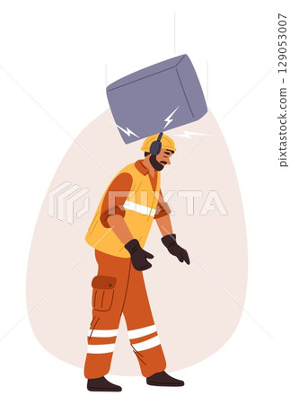 Employee is struck on head by falling object. Accident at work. Construction site safety. Workman in uniform and helmet. Danger risks for builder. Professional hardhat. Vector concept 129053007