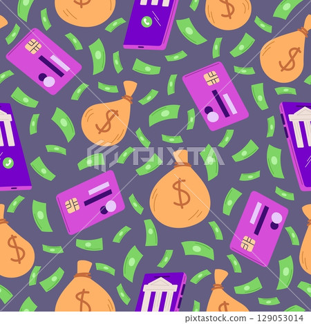 Financial instruments. Paper bills and money bags. Finance seamless pattern. Repeated print. Dollar banknotes. Millionaire savings. Credit cards and online banking. Vector background Financial instruments. Paper bills and money bags. Finance seamless pattern. Repeated print. Dollar banknotes. Millionaire savings. Credit cards and online banking. Vector background 129053014