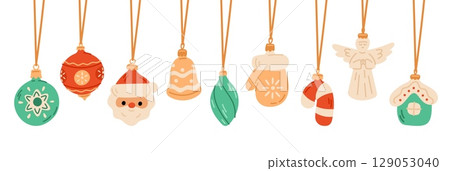 Hanging in row of Christmas balls. Festive glass toys to decorate tree. Holiday garland. Mittens and cute home. Toys on threads. Santa and angel. Winter celebration decor. Vector Xmas set 129053040