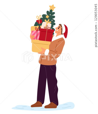 Jolly man in Santa hat with Christmas tree and presents in hands. Guy carrying gifts. Holiday celebration. Vector concept Happy person with Santa hat. New Year surprises. Vector concept Jolly man in Santa hat with Christmas tree and presents in hands. Guy carrying gifts. Holiday celebration. Vector concept Happy person with Santa hat. New Year surprises. Vector concept 129053045