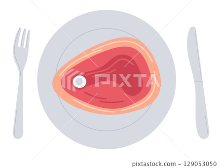 Large piece of meat on plate with fork and knife. Beef steak eating. Restaurant serving. Culinary product. Dinner food. Prepared pork slice. Dish and cutlery top view. Vector concept Large piece of meat on plate with fork and knife. Beef steak eating. Restaurant serving. Culinary product. Dinner food. Prepared pork slice. Dish and cutlery top view. Vector concept 129053050