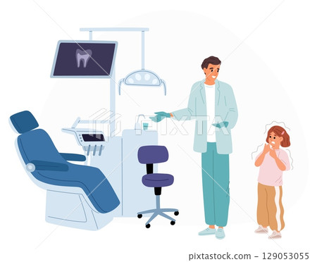 Little girl afraid to get teeth treated at dentists office. Dental clinic appointment. Doctors phobia. Scary patient. Frightened child. Medical armchair and equipment. Vector concept 129053055