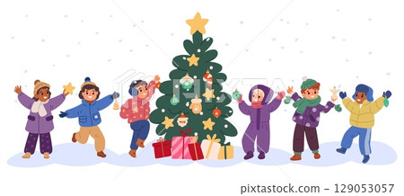 Little girls and boys decorate Christmas tree with balloons and gifts outside. Winter holiday celebration. Children group in snowy park. Xmas fir garlands and toy balls. Vector concept 129053057
