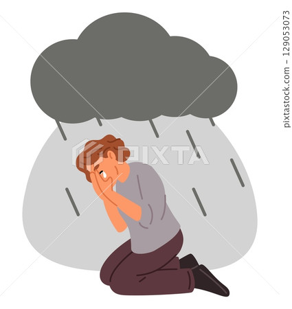 Lonely sad girl sitting on floor and crying covering her face with hands. Rain cloud. Stress and depression. Mental disorder. Unhappy woman feeling sadness and grief. Vector concept Lonely sad girl sitting on floor and crying covering her face with hands. Rain cloud. Stress and depression. Mental disorder. Unhappy woman feeling sadness and grief. Vector concept 129053073