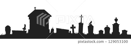 Panorama of old cemetery with tombstones. Crows on grave cross. Black silhouette landscape. RIP dead. Burial monuments. Halloween horror headstones border. Graveyard vector background 129053100