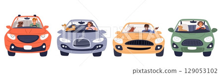 People driving cars. Men and women traveling with pet dogs. Drivers and passengers automobile trip. Vehicle windshield front view. City road traffic. Urban transport. Vector auto set 129053102
