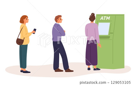 People queue up at ATM to get cash. Man or woman standing in waiting line to payment terminal. Banking transfer. Automated machine. Withdrawing money. Electronic cashpoint. Vector concept People queue up at ATM to get cash. Man or woman standing in waiting line to payment terminal. Banking transfer. Automated machine. Withdrawing money. Electronic cashpoint. Vector concept 129053105