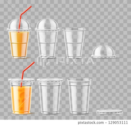 Realistic clear plastic juice glass. Full and empty cup with lid on transparent background. Beverage mug. Cocktail and smoothie. Disposable container for liquid. Vector 3D objects set Realistic clear plastic juice glass. Full and empty cup with lid on transparent background. Beverage mug. Cocktail and smoothie. Disposable container for liquid. Vector 3D objects set 129053111