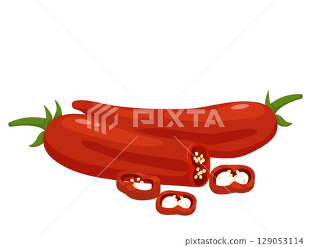 Red hot chili peppers with chunks and seeds. Cooking condiment ingredient. Ripe natural cayenne. Kitchen vegan whole product. Capsaicin plant. Food heat seasoning. Vector spicy vegetable 129053114