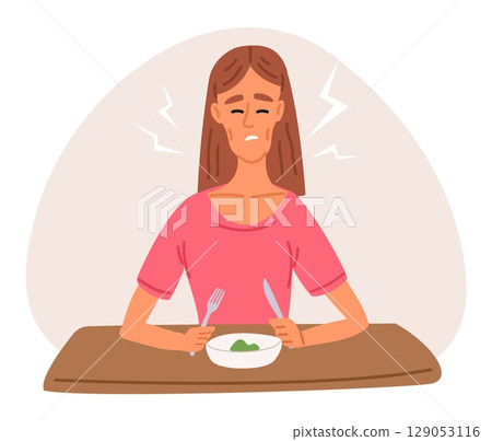 Sad thin woman refuses to eat. Anorexia or bulemia. Mental disorder. Slimming diet. Unhappy girl. Nervosa of nutrition. Disgust of salad. Vegetable food. Weight loss. Vector concept Sad thin woman refuses to eat. Anorexia or bulemia. Mental disorder. Slimming diet. Unhappy girl. Nervosa of nutrition. Disgust of salad. Vegetable food. Weight loss. Vector concept 129053116