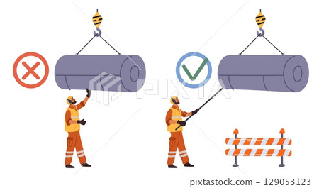 Safety in workplace. Correct and incorrect operation of fitter with hoisting crane. Construction site. Weight lifting. Overhead of careful build workers. Security protection. Vector concept 129053123