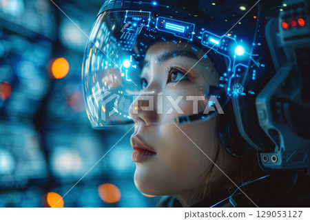 Futuristic Woman in Digital Helmet with Holograms 129053127