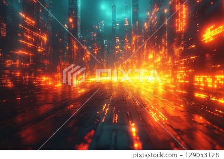 Futuristic Data Highway with Glowing Lights 129053128