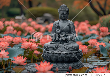 Buddha statue surrounded by pink lotus flowers in a serene garden 129053140