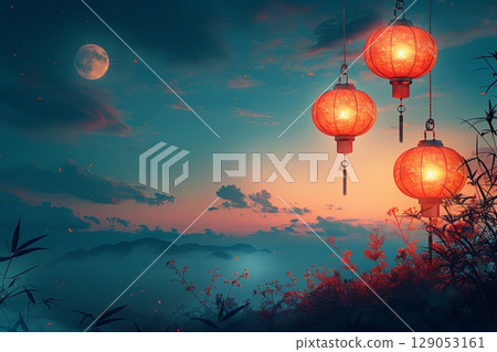 Lanterns Glowing Under a Full Moon Night 129053161