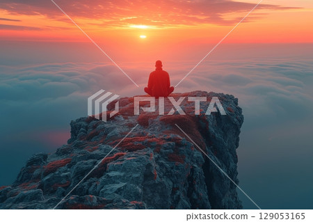 Man meditating on a cliff above clouds during sunrise 129053165