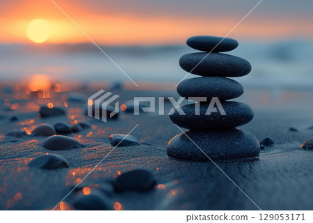 Zen Stones on Beach at Sunset with Bokeh Lights 129053171