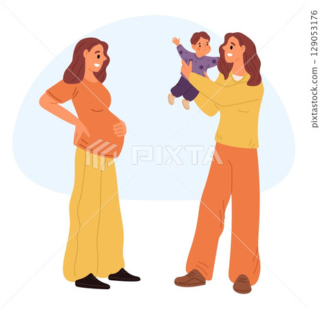 Young pregnant woman with large belly and mother with newborn baby in arms. Girls motherhood. Female expecting childbirth. Mom hugging toddler. Maternity and pregnancy vector concept 129053176