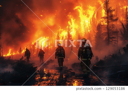 Firefighters Amid Raging Wildfire 129053186