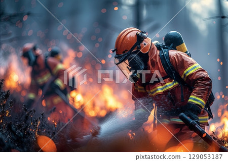 Firefighters Extinguishing Flames in Forest Inferno 129053187