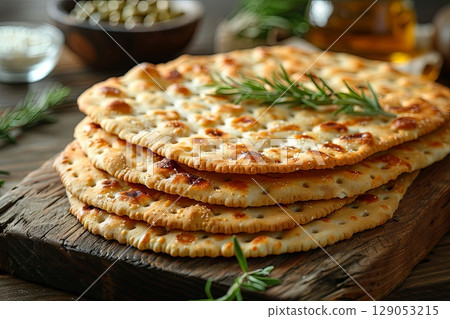 Stack of Crispy Matzah Bread on Wooden Board 129053215