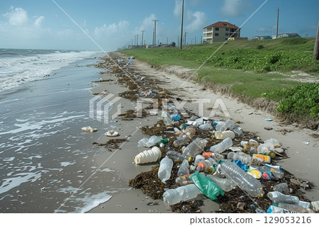 Heavily Polluted Oceanfront with Plastic Waste 129053216