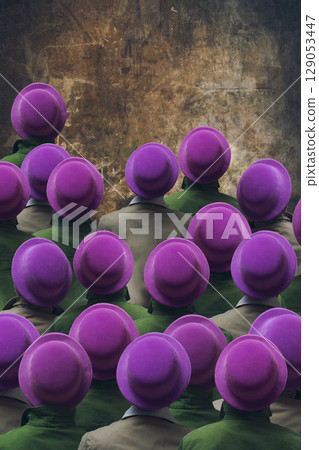 Surreal collage with a man in a purple hat. Queue for the same dreams 129053447