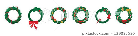Set Christmas wreath and candles for greeting cards Merry Christmas and happy new year. Vector stock illustration isolated on white background for design poster, holiday cover, advertising, sales Set Christmas wreath and candles for greeting cards Merry Christmas and happy new year. Vector stock illustration isolated on white background for design poster, holiday cover, advertising, sales 129053550
