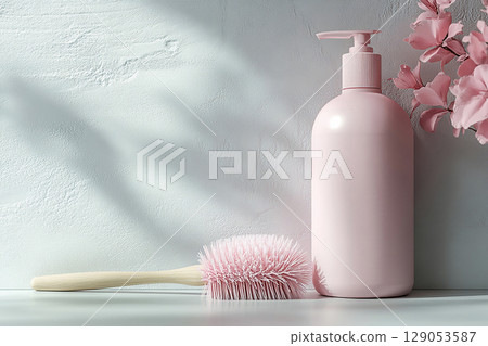 Brand friendly. Brush next to a pink detergent bottle on a light background. Commercial use. Hygiene and Disinfection. 129053587