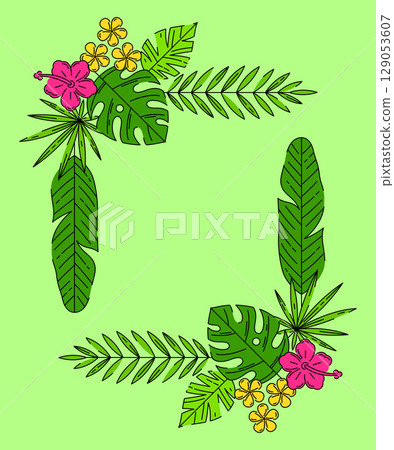 Frame with stylized palm leaves. Decorative image of tropical foliage and plants. Frame with stylized palm leaves. Decorative image of tropical foliage and plants. 129053607