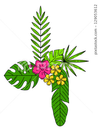Print with stylized palm leaves. Decorative image of tropical foliage and plants. 129053612