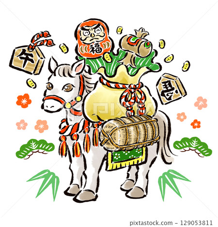 A hand-drawn illustration of the Chinese zodiac horse (Uma) carrying a bag full of lucky charms and a rice bale 129053811
