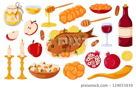 Jewish holiday Rosh Hashanah set in cartoon style. Fish with head, Challah bread, matzo soup, kiddush, honey and other food collection isolated on a white background. 129053839