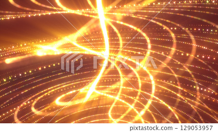 Golden light streaks and glowing curves in motion, evoking a sense of fluid energy and digital harmony 129053957